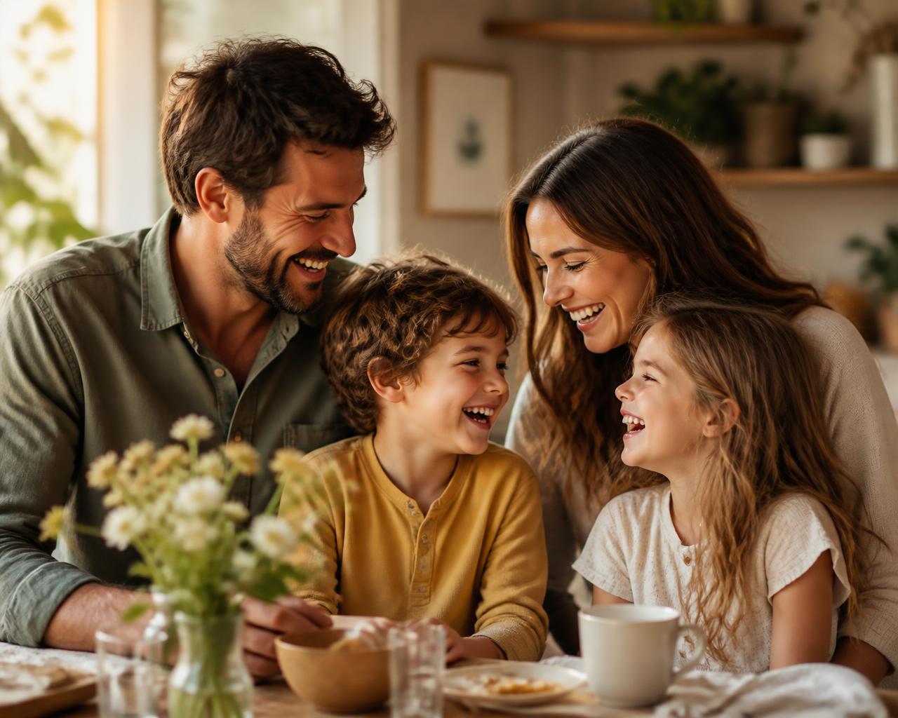 Famille riant ensemble autour d'une table baignée de lumière